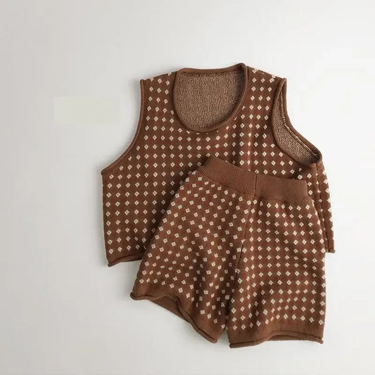 長袖セットアップ キッズカーディガン/ベスト/パンツ チェックニットセットアップ【mh0008955】