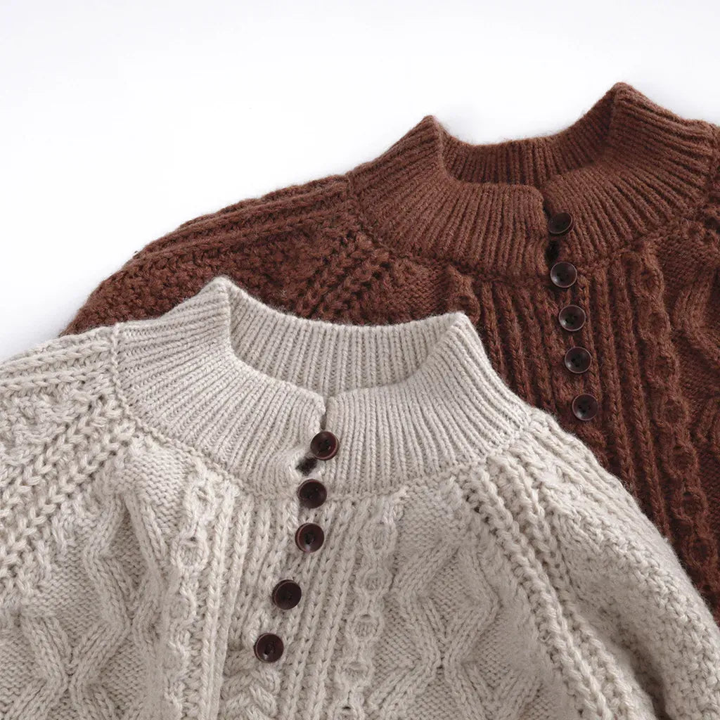 ニット・セーター ボタン付きケーブル編みニットセーター【mh0011087】