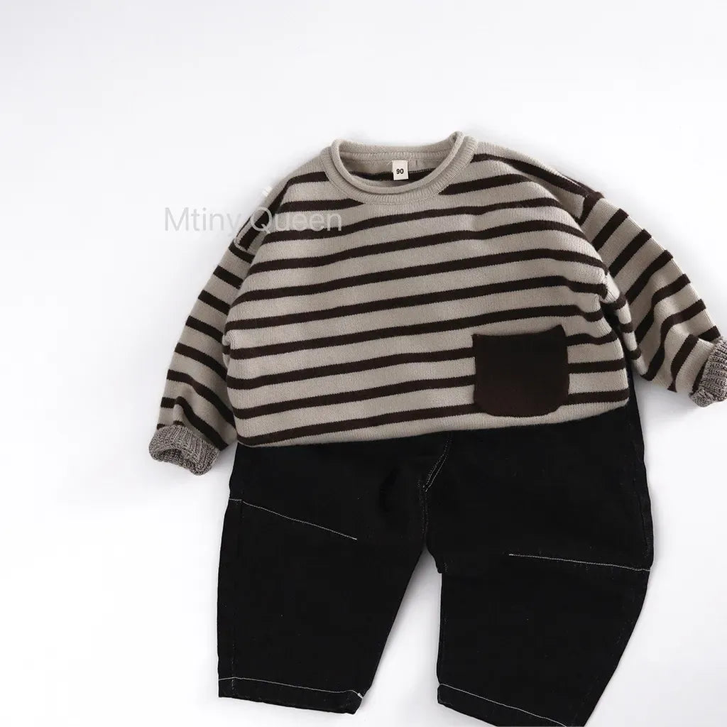 ニット・セーター ワイドシルエット ボーダー柄ニット 長袖トップス ポケット付き【mh0011096】