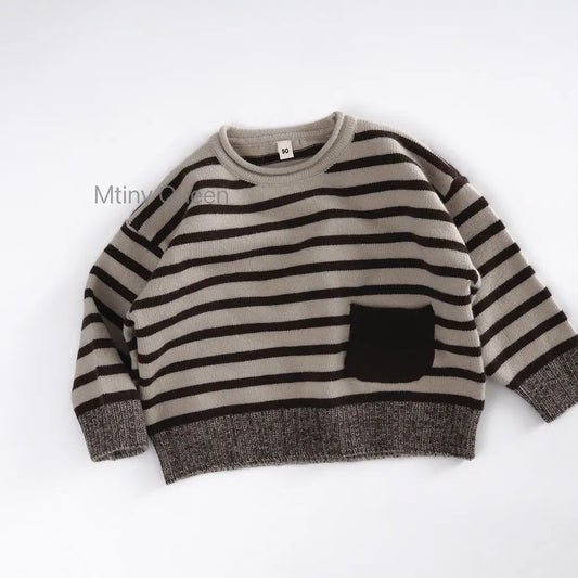 ニット・セーター ワイドシルエット ボーダー柄ニット 長袖トップス ポケット付き【mh0011096】