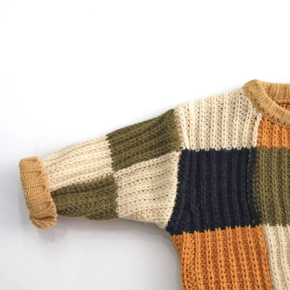 ニット・セーター カラフルブロックパッチワーククルーネックニットセーター【mh0011281】