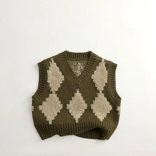 ベスト Moss Green / 12M 80cm キッズベスト ニットVネックベスト ダイヤチェック 2カラー【mh0006499】