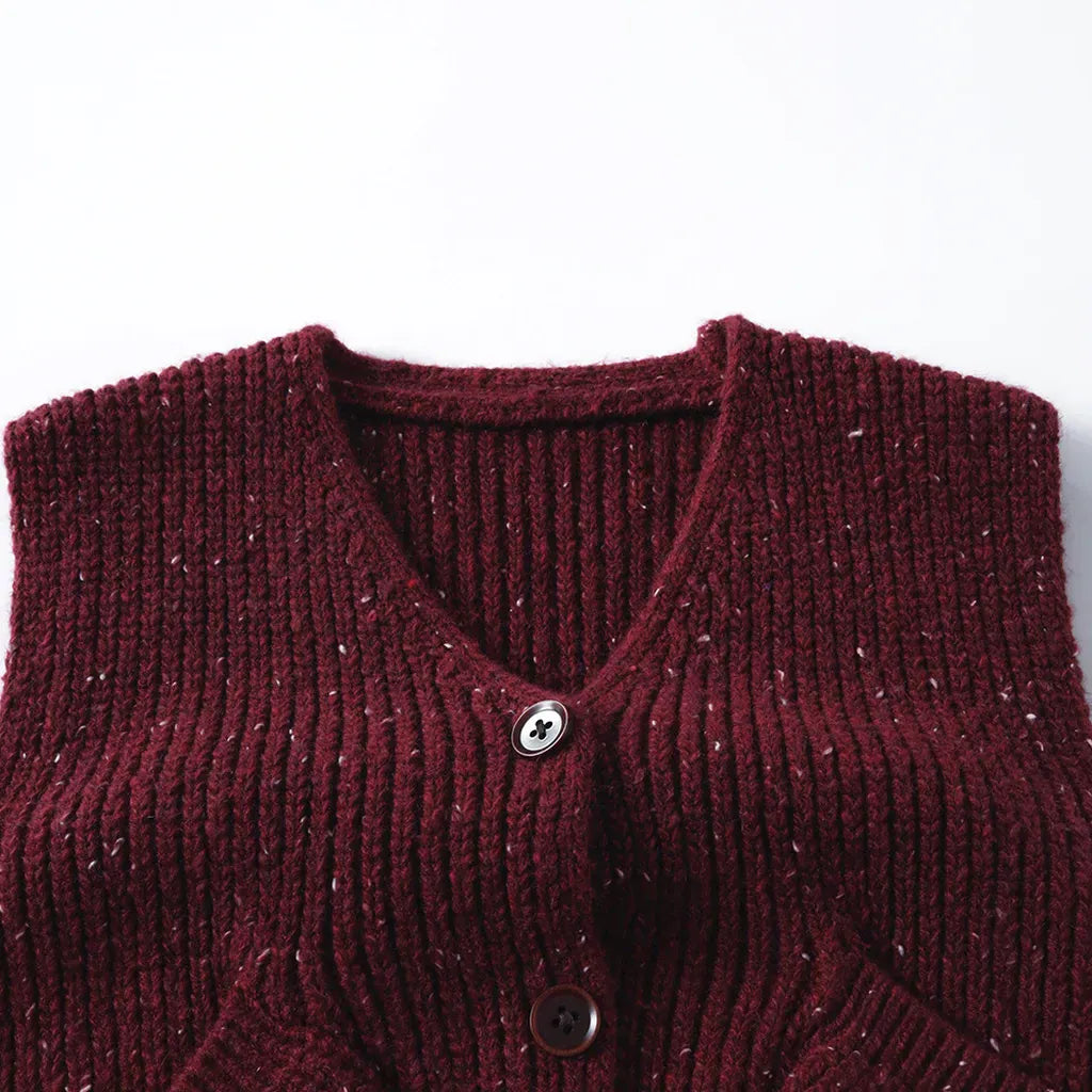 ベスト ざっくり編みニットベスト ツイード風 ポケット付き Vネック【mh0011097】