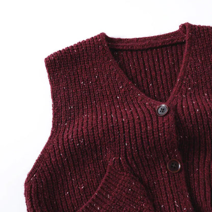 ベスト ざっくり編みニットベスト ツイード風 ポケット付き Vネック【mh0011097】