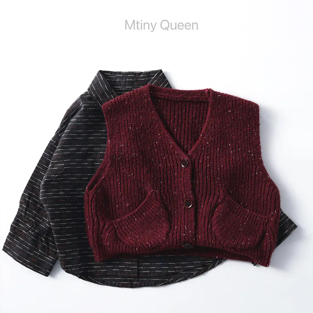 ベスト ざっくり編みニットベスト ツイード風 ポケット付き Vネック【mh0011097】