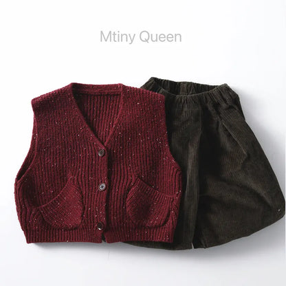 ベスト ざっくり編みニットベスト ツイード風 ポケット付き Vネック【mh0011097】