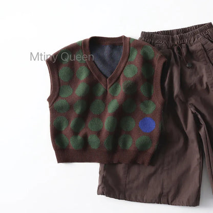 ベスト ジャガード編みニットベスト ポルカドット柄 Vネック【mh0011098】