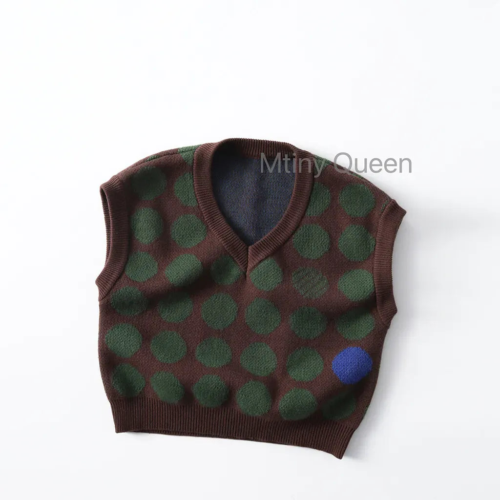 ベスト ジャガード編みニットベスト ポルカドット柄 Vネック【mh0011098】