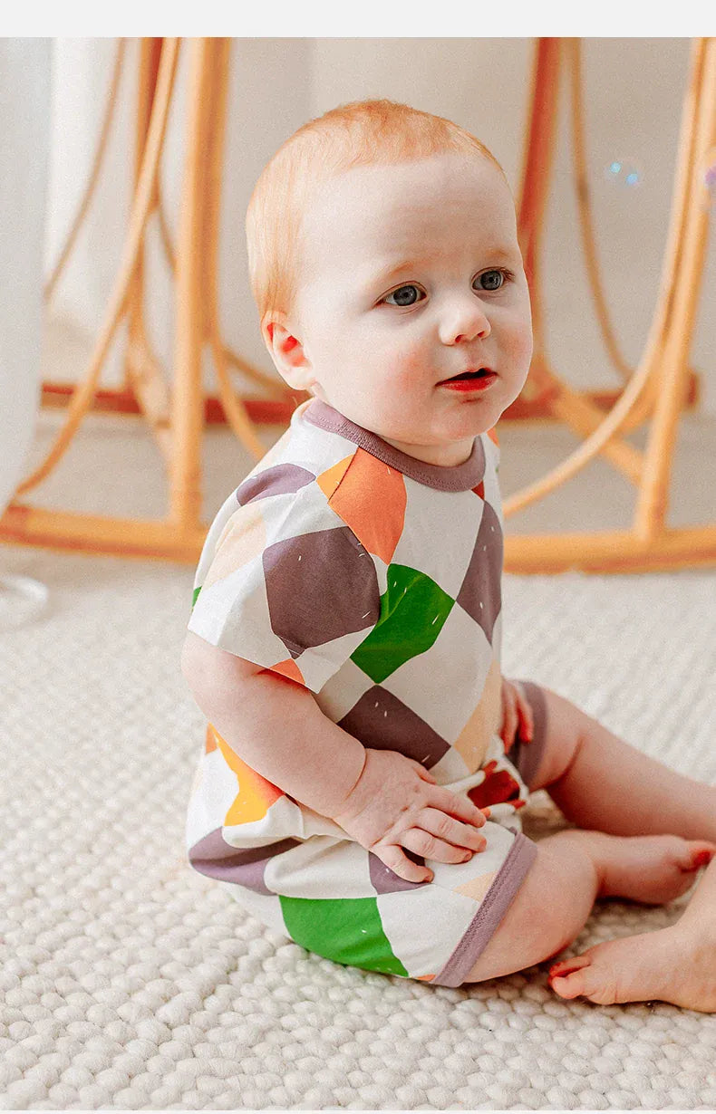 半袖ロンパース カラフルダイヤ/ブルーベリープリント半袖ロンパース【mh0010019】