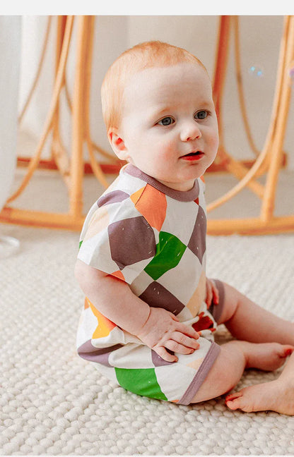 半袖ロンパース カラフルダイヤ/ブルーベリープリント半袖ロンパース【mh0010019】