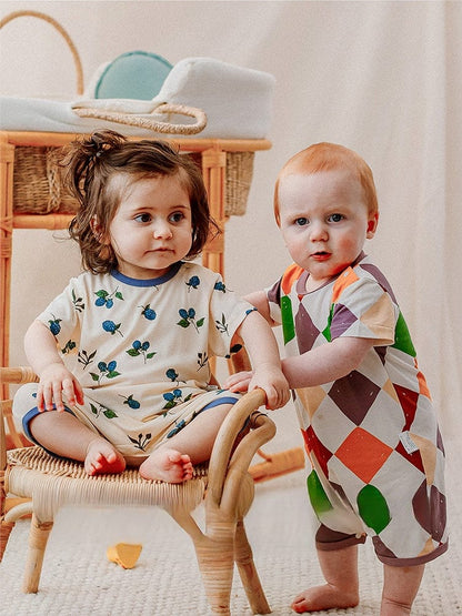 半袖ロンパース カラフルダイヤ/ブルーベリープリント半袖ロンパース【mh0010019】