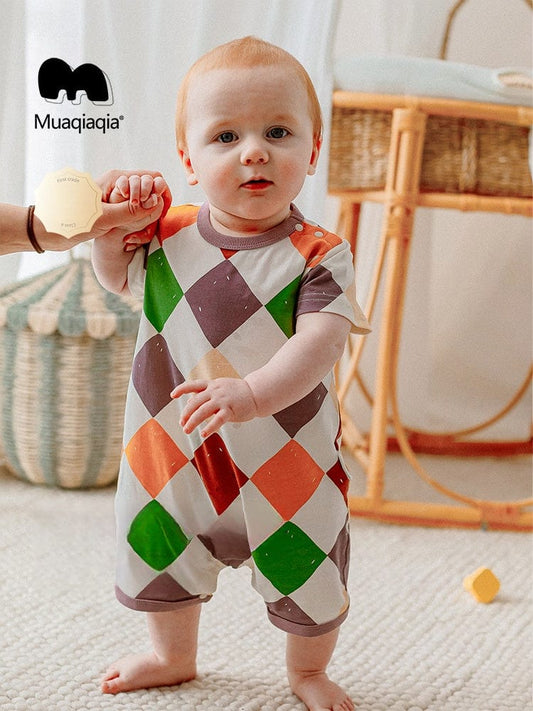 半袖ロンパース カラフルダイヤ/ブルーベリープリント半袖ロンパース【mh0010019】