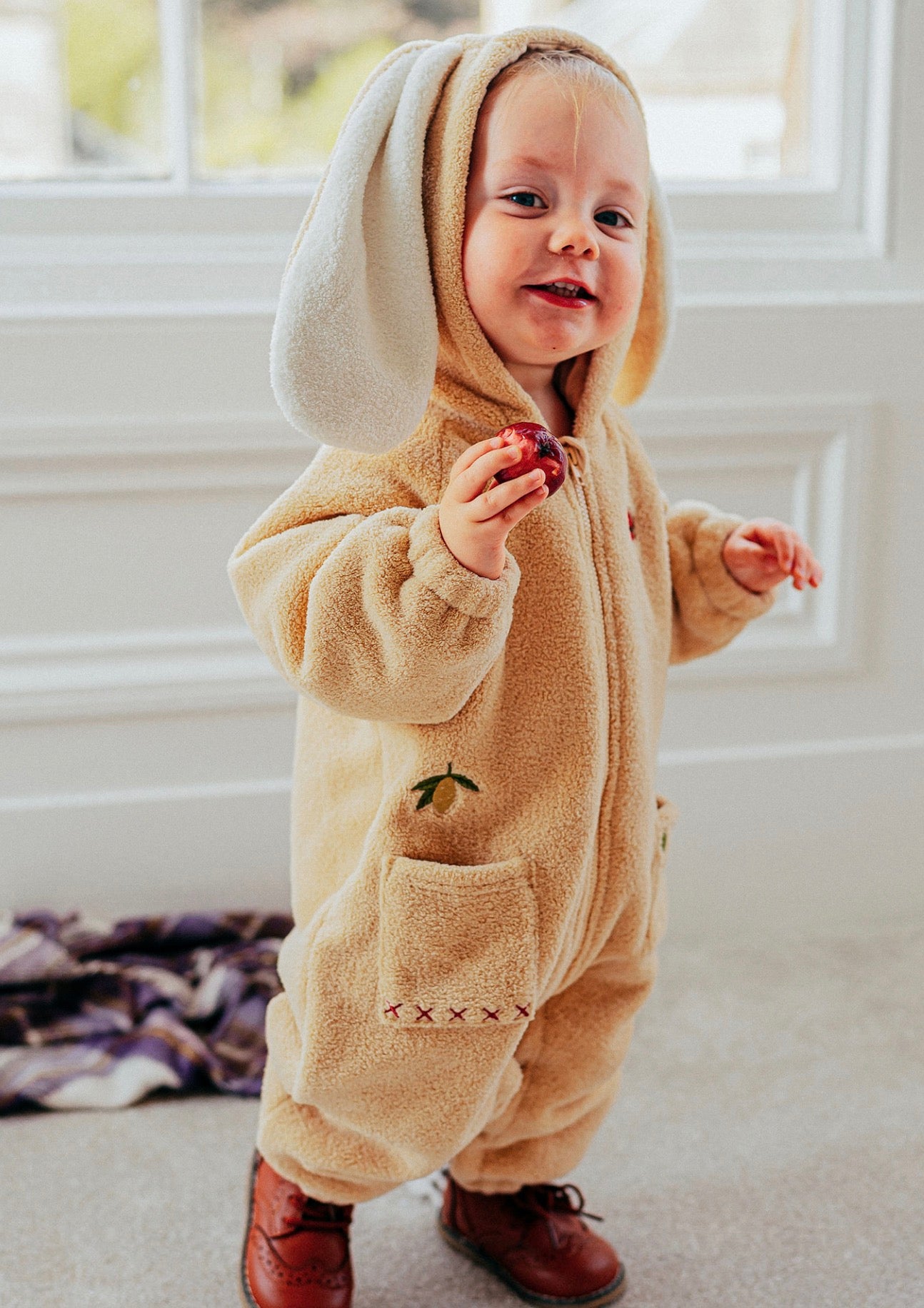 アウタージャンプスーツ 長袖ロンパース ボア素材 ウサギ耳フード ジップアップ カバーオール【mh0011648】