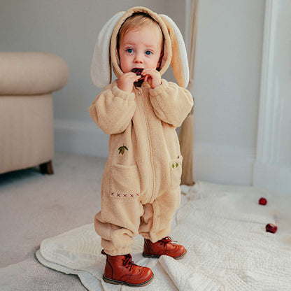 アウタージャンプスーツ 長袖ロンパース ボア素材 ウサギ耳フード ジップアップ カバーオール【mh0011648】