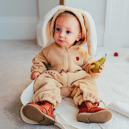 アウタージャンプスーツ 長袖ロンパース ボア素材 ウサギ耳フード ジップアップ カバーオール【mh0011648】