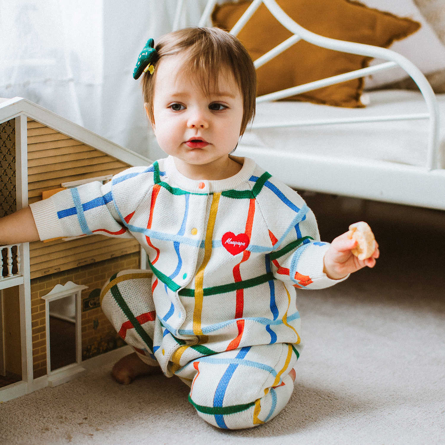 長袖ロンパース 長袖ロンパース コットンニット カラフルチェック柄 ジップアップ カバーオール【mh0011649】