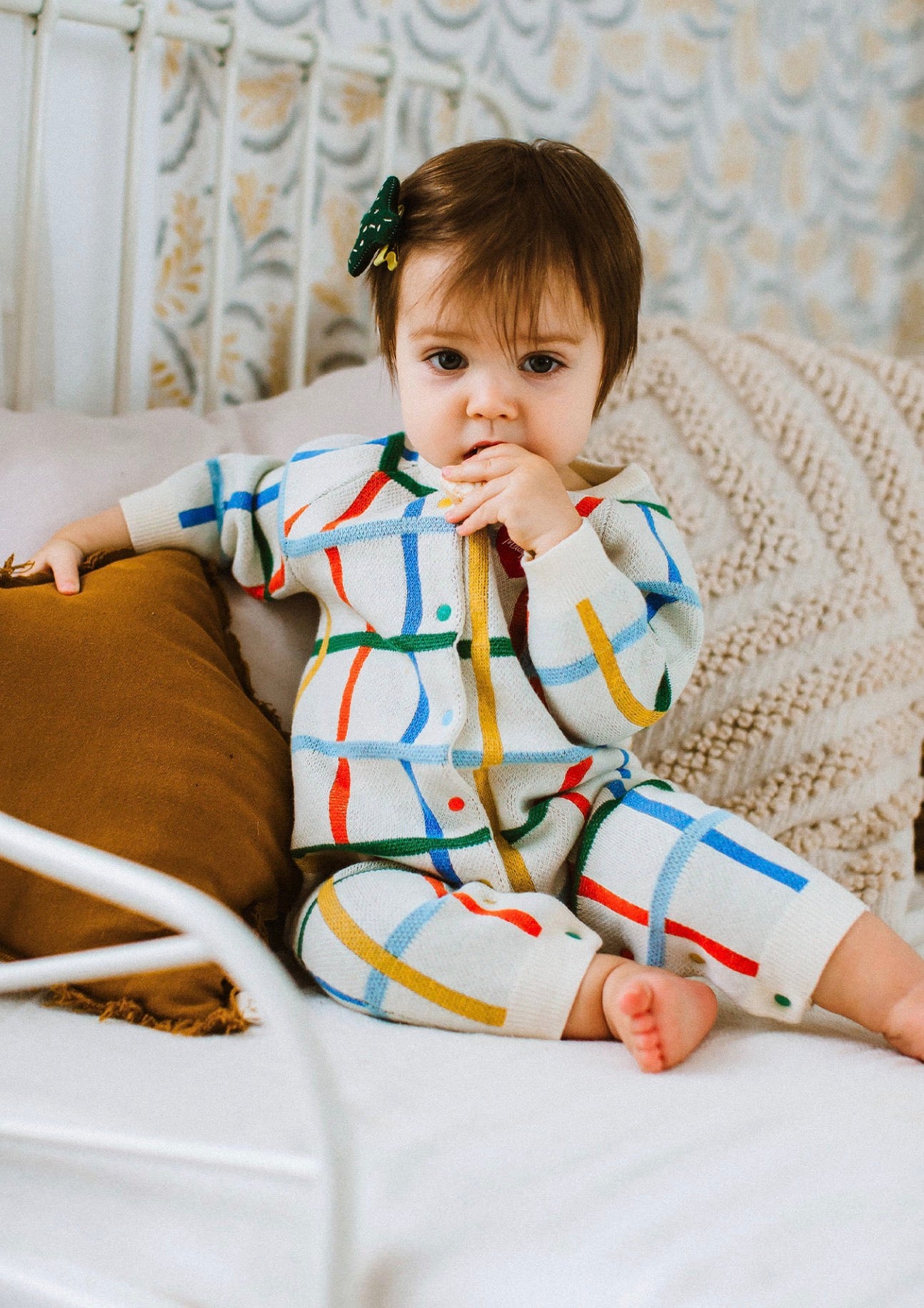 長袖ロンパース 長袖ロンパース コットンニット カラフルチェック柄 ジップアップ カバーオール【mh0011649】