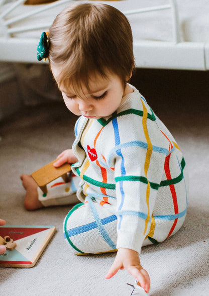 長袖ロンパース 長袖ロンパース コットンニット カラフルチェック柄 ジップアップ カバーオール【mh0011649】