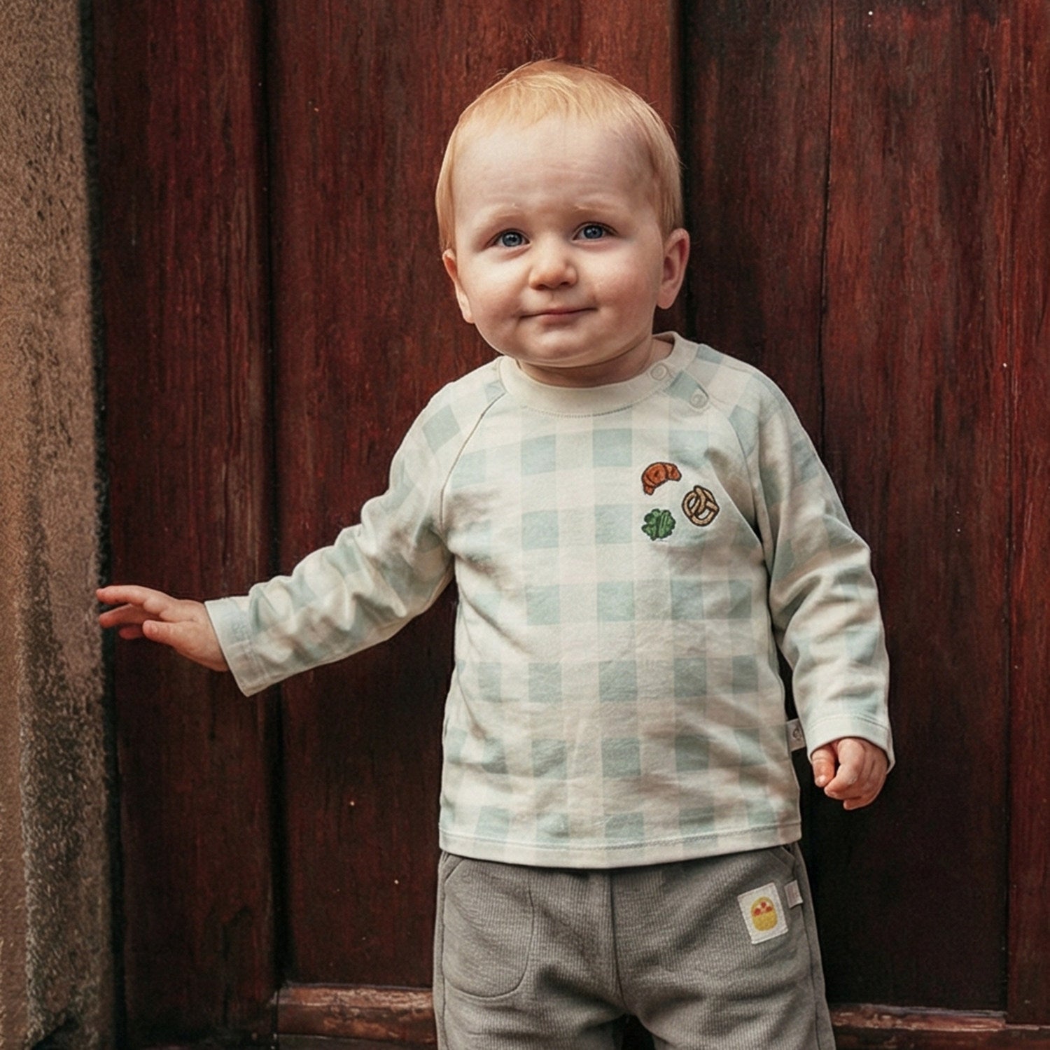 mua qiaqia | Soft Cotton Plaid Bread Embroidered T-shirt コットン チェック柄 パン刺繍 Tシャツ【mh0020138】 mamahalo shop