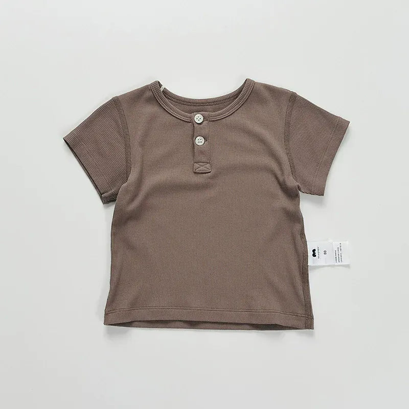 半袖Tシャツ Chocolate / 73cm ヘンリーネックシンプルベーシック半袖Tシャツ【mh0010026】