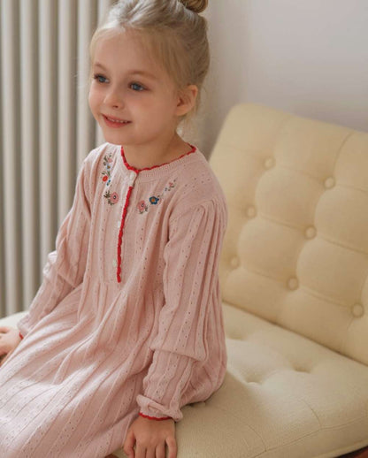 長袖ワンピース 長袖ワンピース ニット 花刺繍 スカラップレース Aライン チュニック【mh0011552】