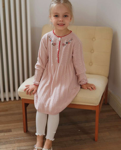 長袖ワンピース 長袖ワンピース ニット 花刺繍 スカラップレース Aライン チュニック【mh0011552】