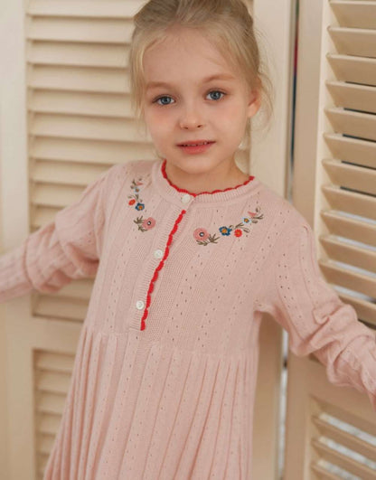 長袖ワンピース 長袖ワンピース ニット 花刺繍 スカラップレース Aライン チュニック【mh0011552】