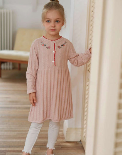 長袖ワンピース 長袖ワンピース ニット 花刺繍 スカラップレース Aライン チュニック【mh0011552】