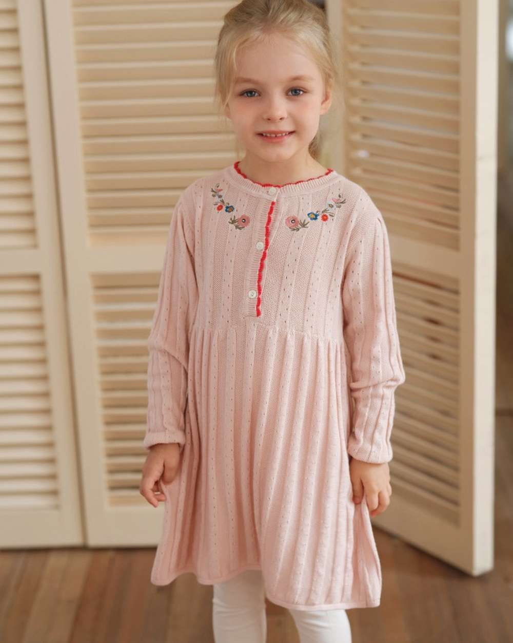 長袖ワンピース 長袖ワンピース ニット 花刺繍 スカラップレース Aライン チュニック【mh0011552】