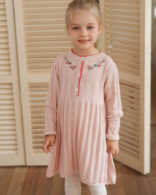 長袖ワンピース 長袖ワンピース ニット 花刺繍 スカラップレース Aライン チュニック【mh0011552】