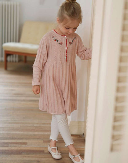 長袖ワンピース 長袖ワンピース ニット 花刺繍 スカラップレース Aライン チュニック【mh0011552】