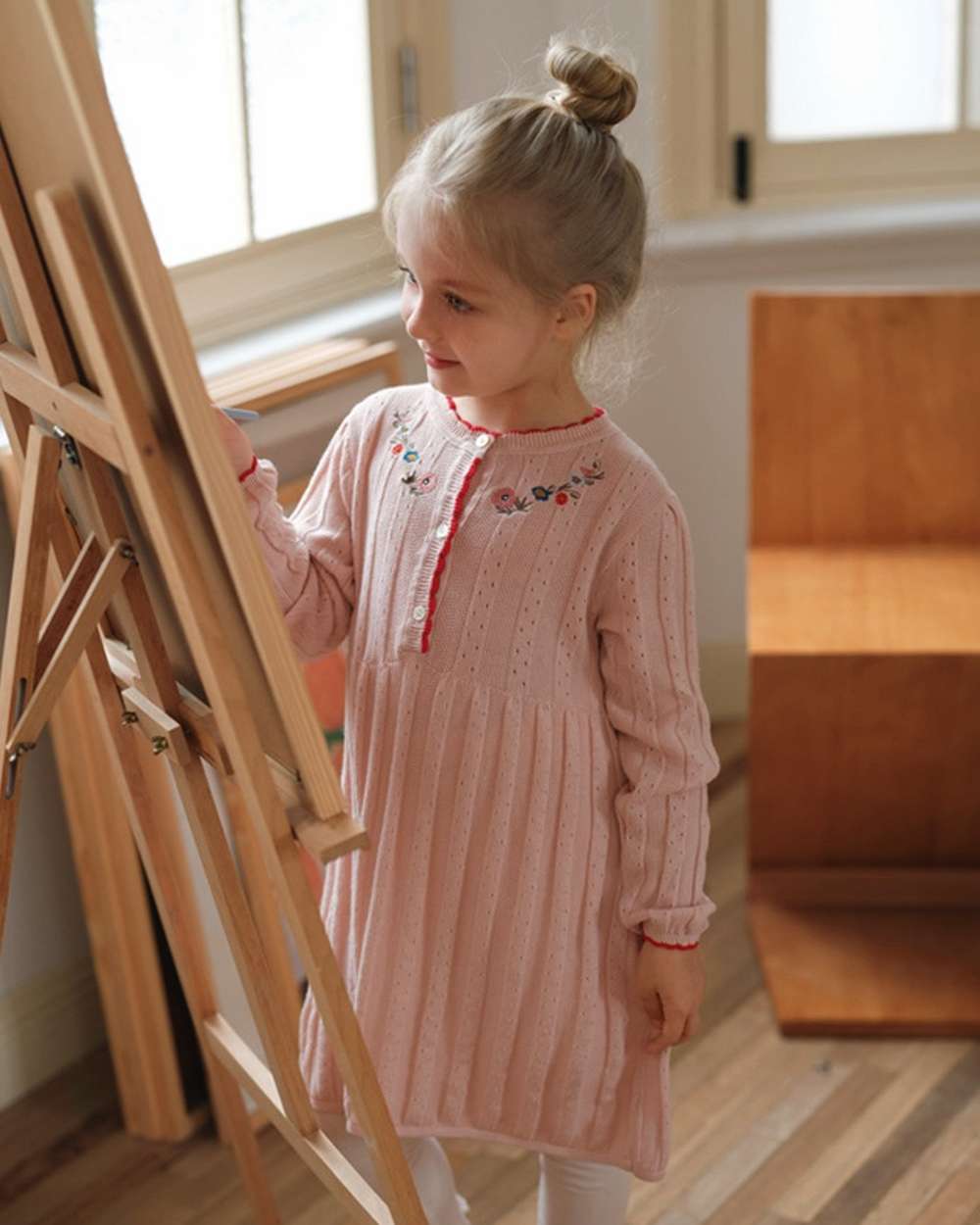 長袖ワンピース 長袖ワンピース ニット 花刺繍 スカラップレース Aライン チュニック【mh0011552】