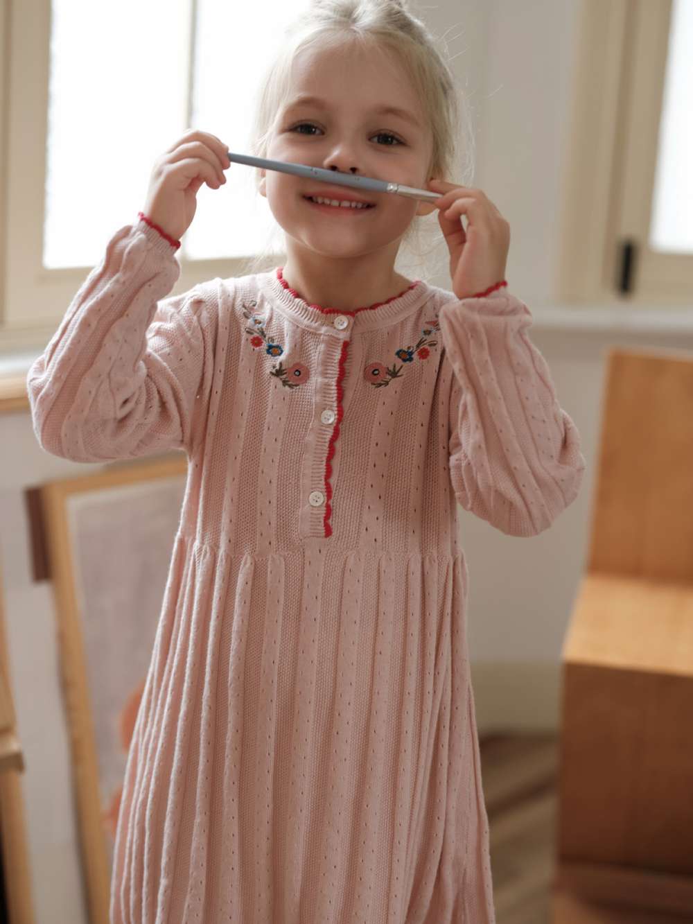 長袖ワンピース 長袖ワンピース ニット 花刺繍 スカラップレース Aライン チュニック【mh0011552】