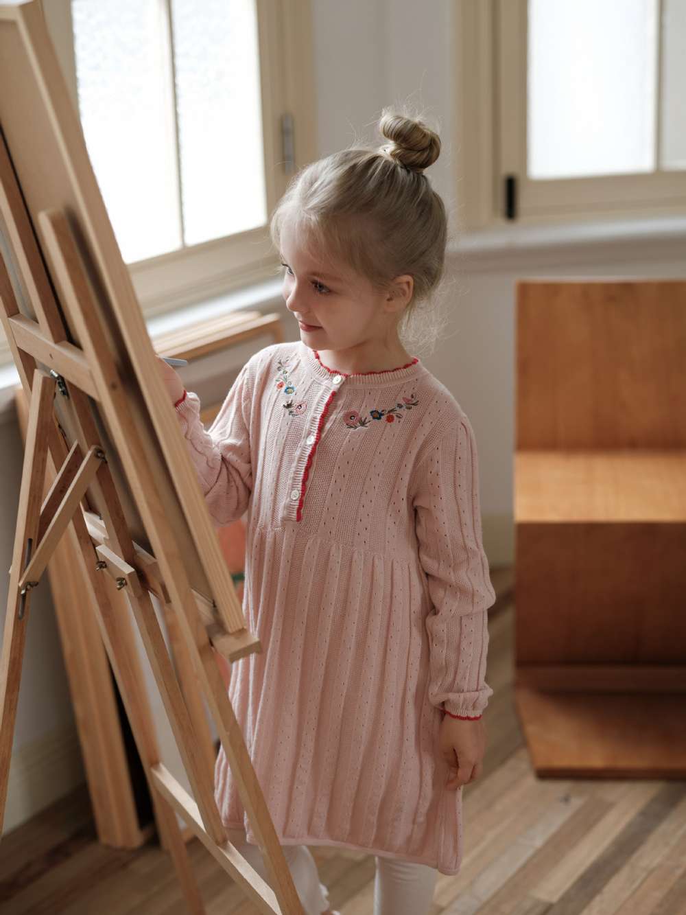 長袖ワンピース 長袖ワンピース ニット 花刺繍 スカラップレース Aライン チュニック【mh0011552】