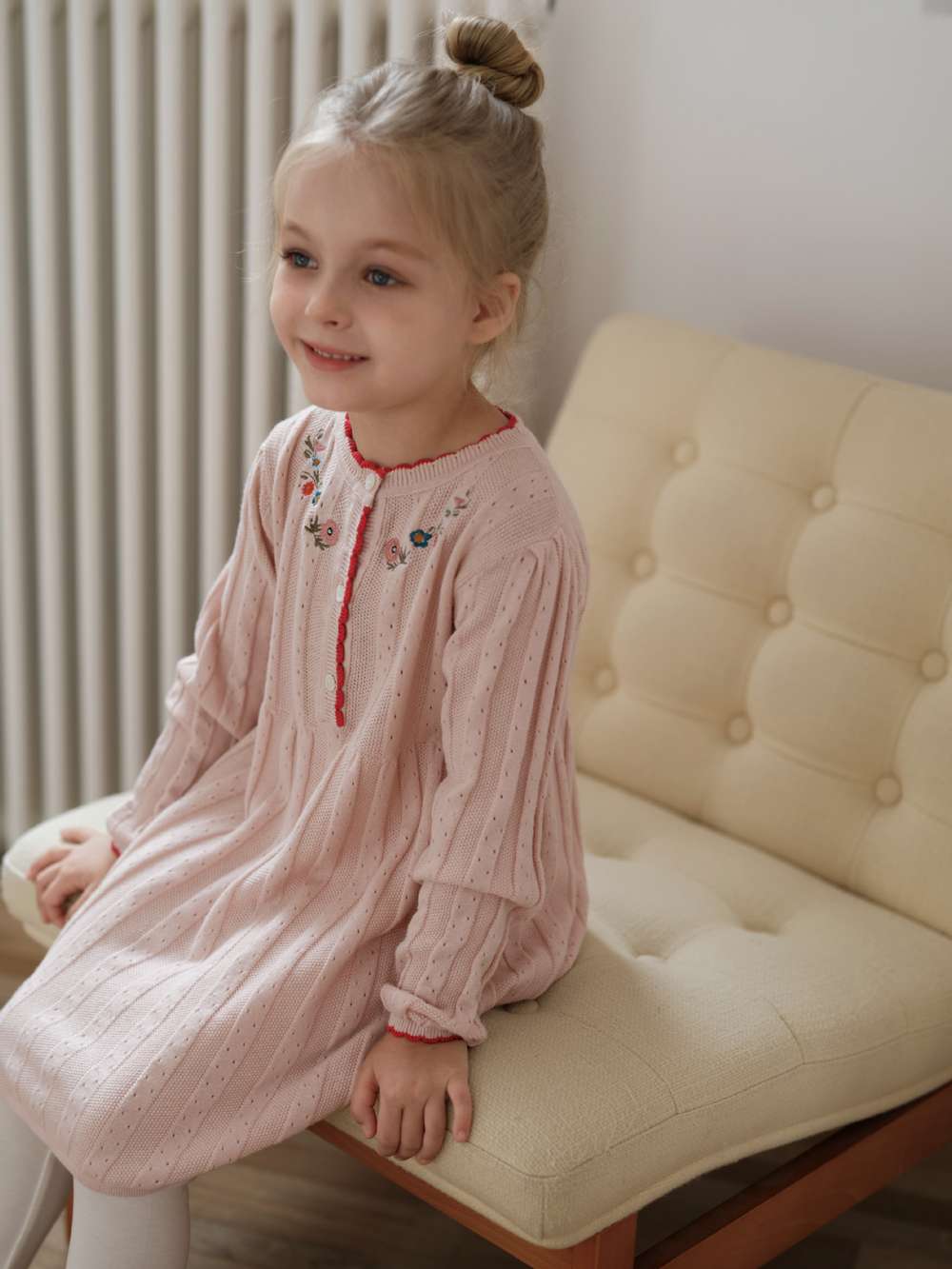 長袖ワンピース 長袖ワンピース ニット 花刺繍 スカラップレース Aライン チュニック【mh0011552】