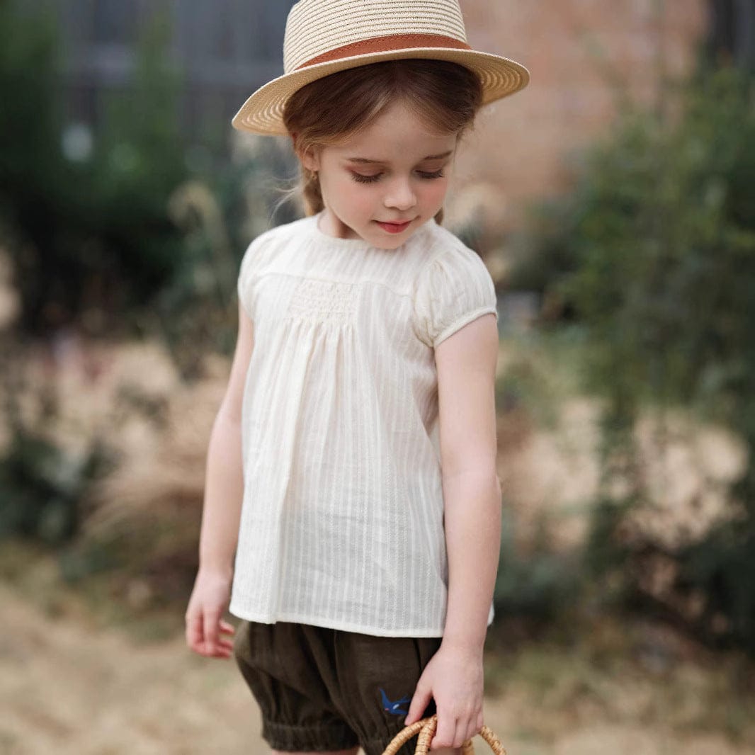 半袖セットアップ Beige top / 80cm ショートパフスリーブブラウス/バルーンショートパンツ【mh0009416】