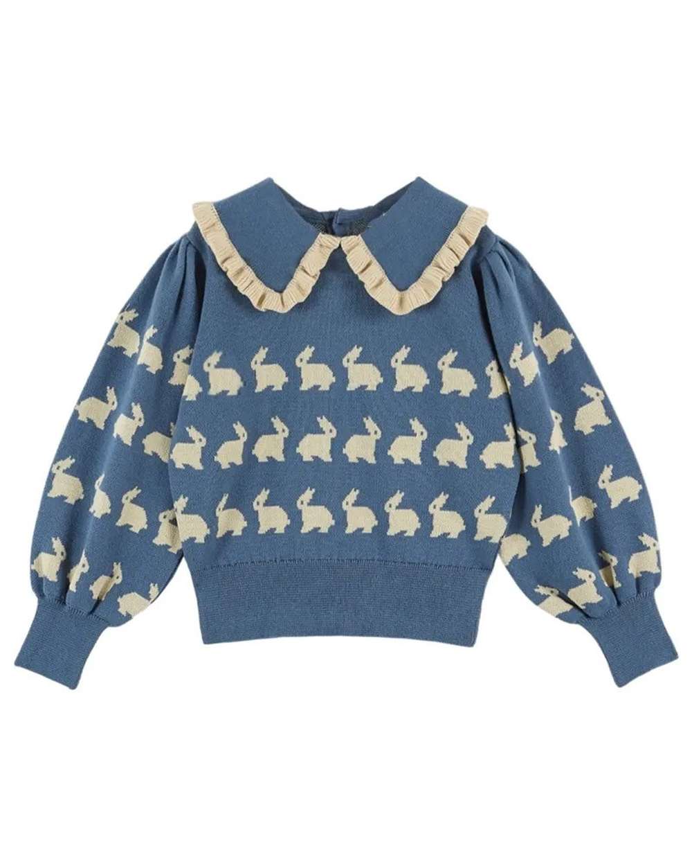 ニット・セーター Blue / 90cm 長袖セーター うさぎ柄 メロウフリル襟 パフスリーブ ニットプルオーバー【mh0011547】