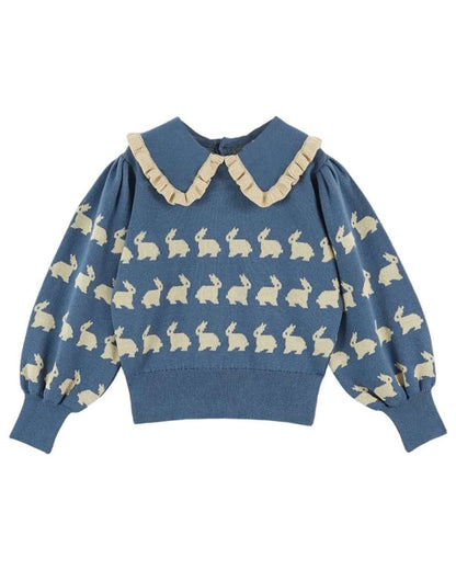 ニット・セーター Blue / 90cm 長袖セーター うさぎ柄 メロウフリル襟 パフスリーブ ニットプルオーバー【mh0011547】