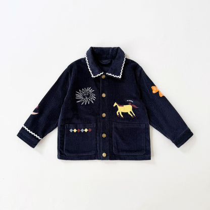 長袖セットアップ Blue coat / 90cm コーデュロイ キッズ ジャケット/パンツ 刺繍 カジュアル ワイドシルエット【mh0011573】