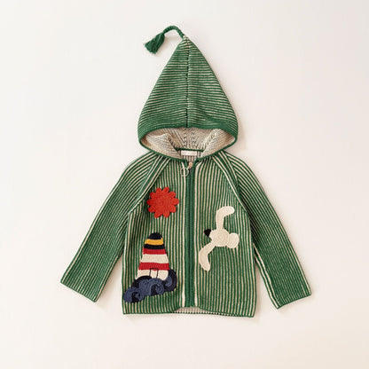 カーディガン・パーカー Green / 90cm ニットカーディガン アップリケ フード付き キッズ【mh0011558】