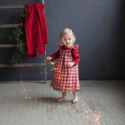 ノースリーブワンピース コットンリネンブロックチェックフリルキャミソールワンピース【mh0009403】