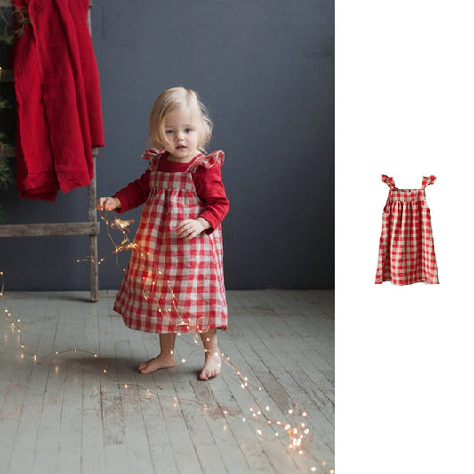 ノースリーブワンピース コットンリネンブロックチェックフリルキャミソールワンピース【mh0009403】