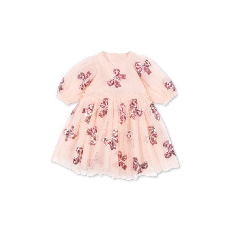 半袖ワンピース スパンコールリボン/レインボーチュール半袖ドレスワンピース【mh0009411】