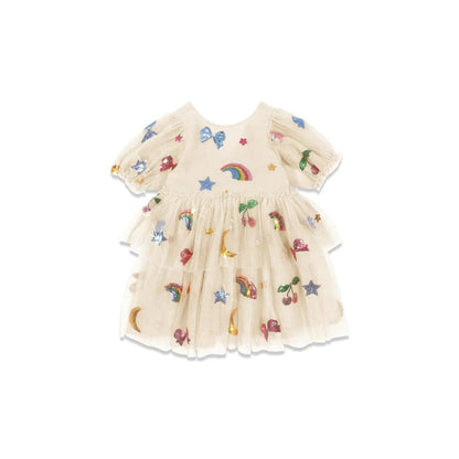 半袖ワンピース スパンコールリボン/レインボーチュール半袖ドレスワンピース【mh0009411】