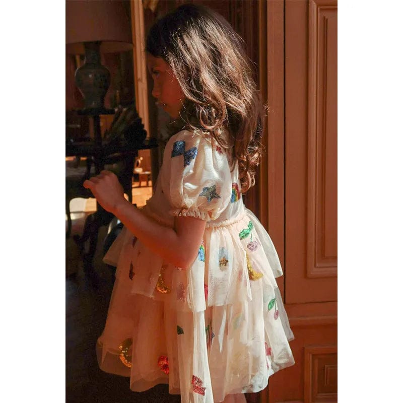 半袖ワンピース スパンコールリボン/レインボーチュール半袖ドレスワンピース【mh0009411】