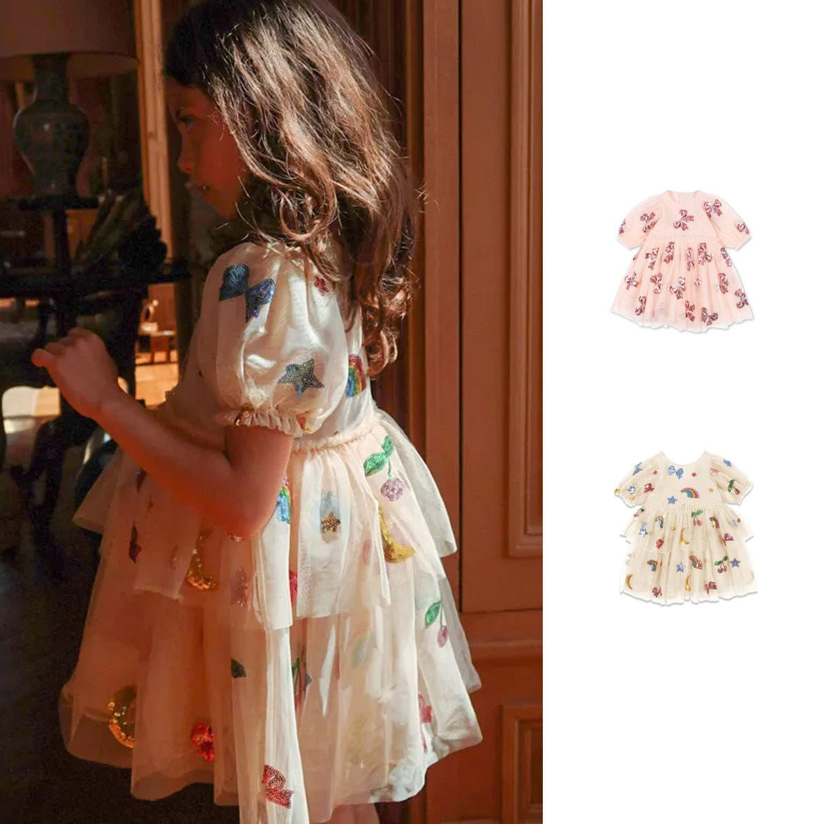 半袖ワンピース スパンコールリボン/レインボーチュール半袖ドレスワンピース【mh0009411】