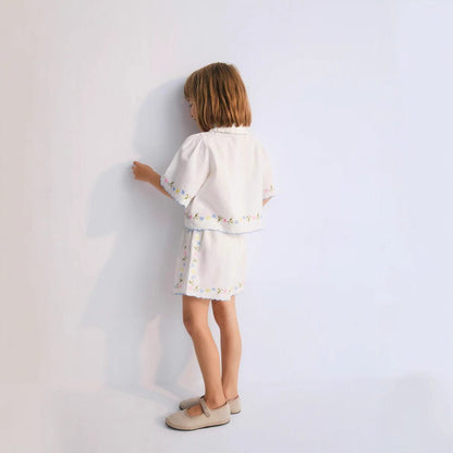 半袖セットアップ フラワー刺繍半袖ボレロシャツ/ショートパンツ【mh0009415】