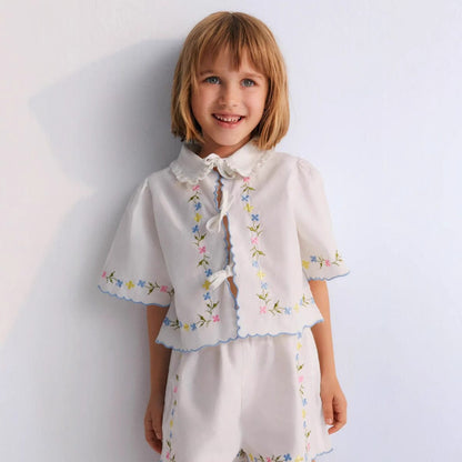 半袖セットアップ フラワー刺繍半袖ボレロシャツ/ショートパンツ【mh0009415】