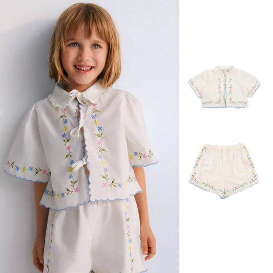 半袖セットアップ フラワー刺繍半袖ボレロシャツ/ショートパンツ【mh0009415】