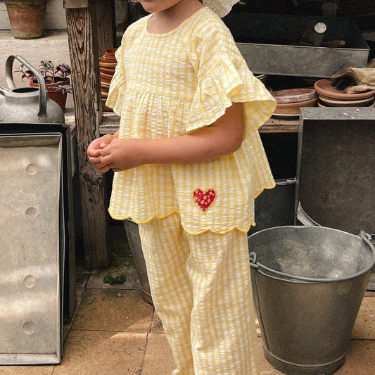 半袖セットアップ ギンガムチェックフリルスリーブブラウス/ワイドルーズパンツ【mh0009419】